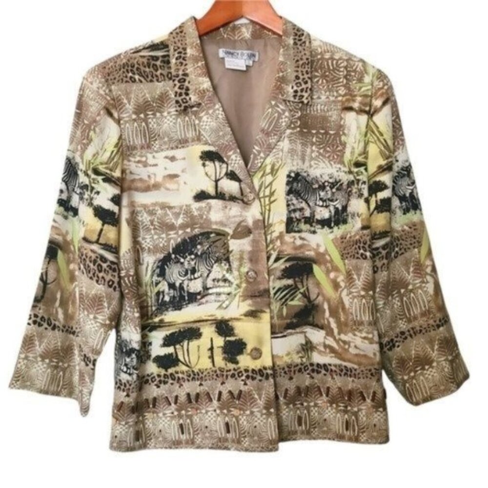 NANCY BOLEN CITY GIRL 100%  Silk Jacket Safari Animal Print Beaded L Large Zebra